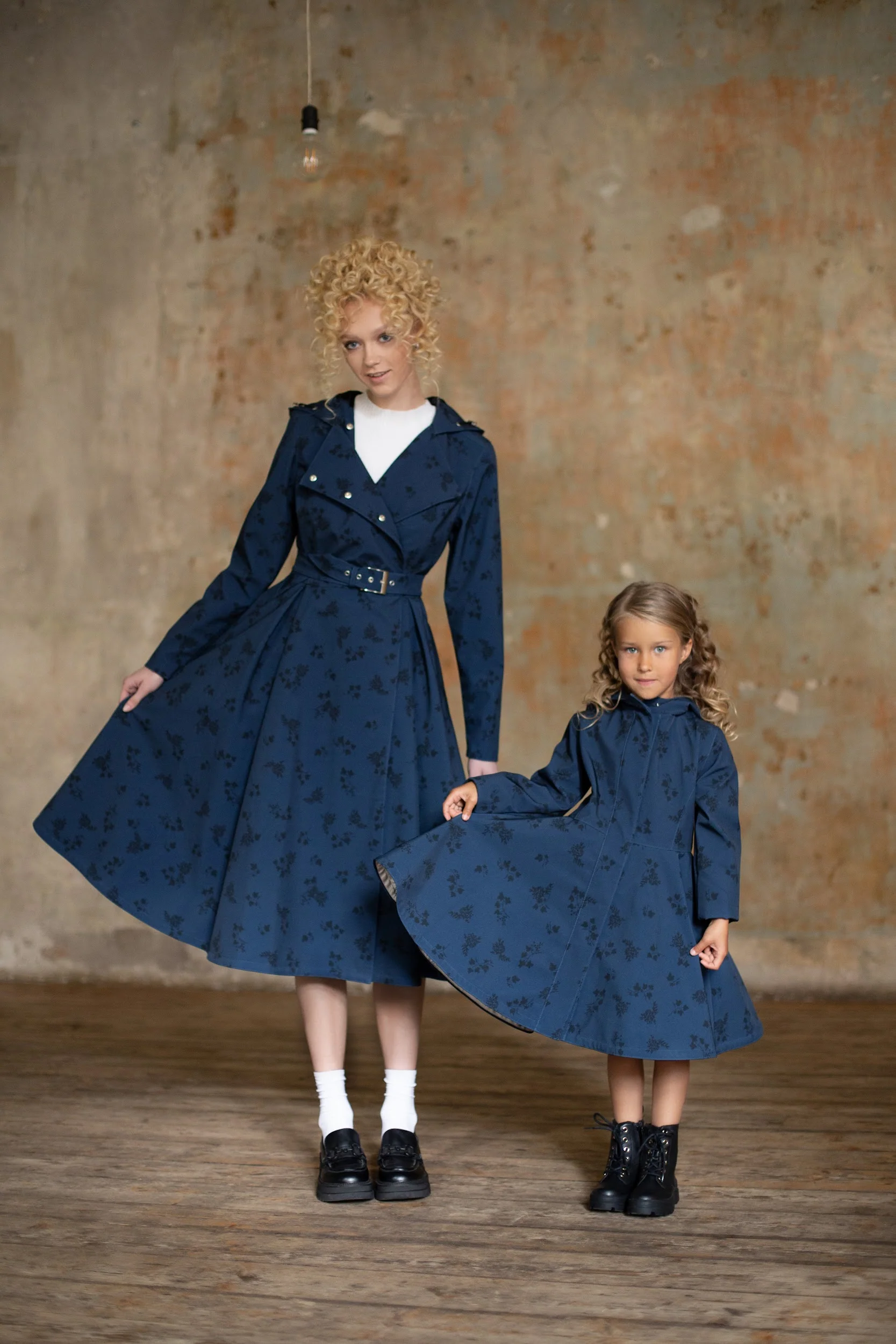 Double Breasted Trench Coat in Dark Blue with Black Floral Print | Blue Frost - Image 9