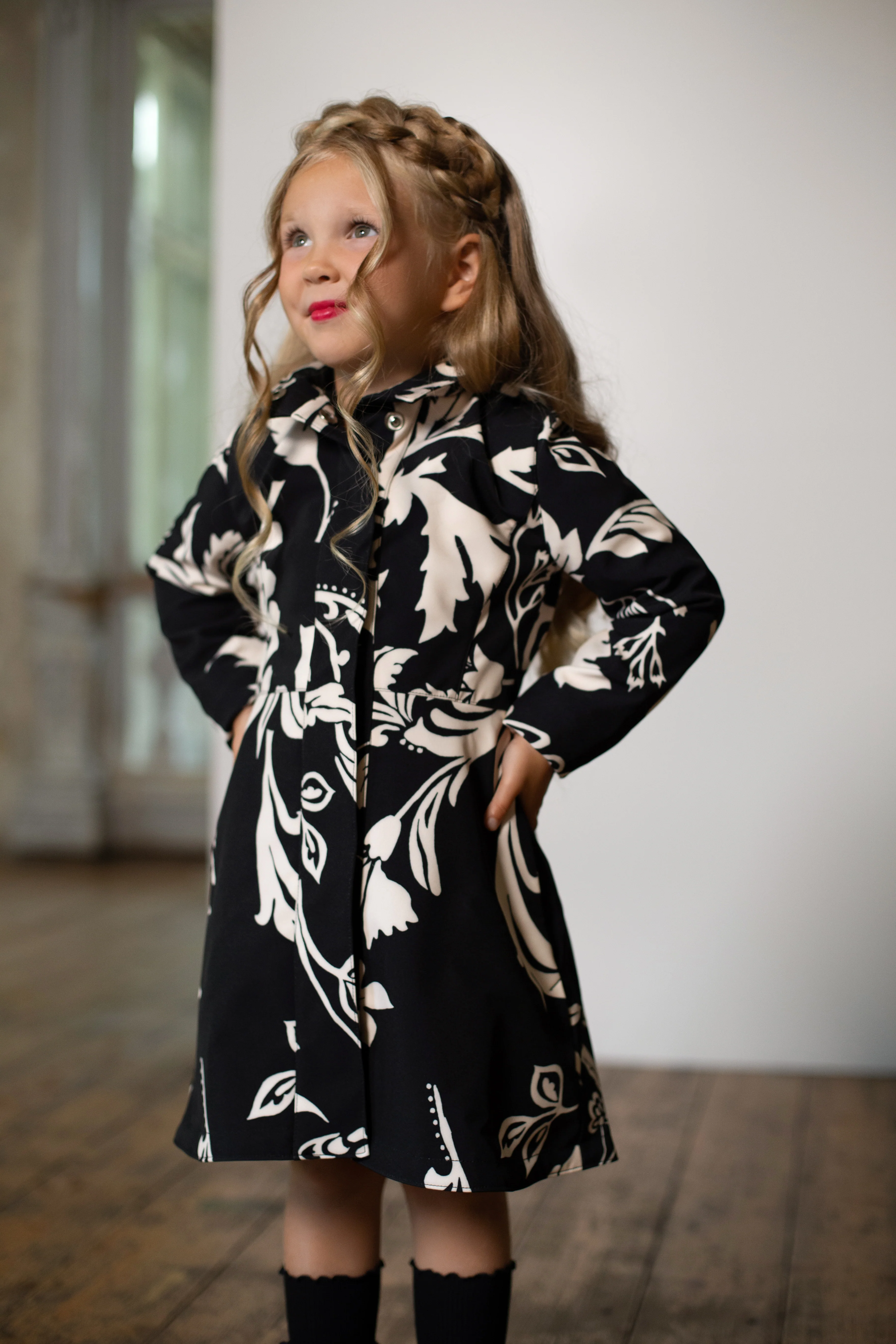 Fitted and Flared Coat for Girls in Black and White | Blooming Night - Image 3